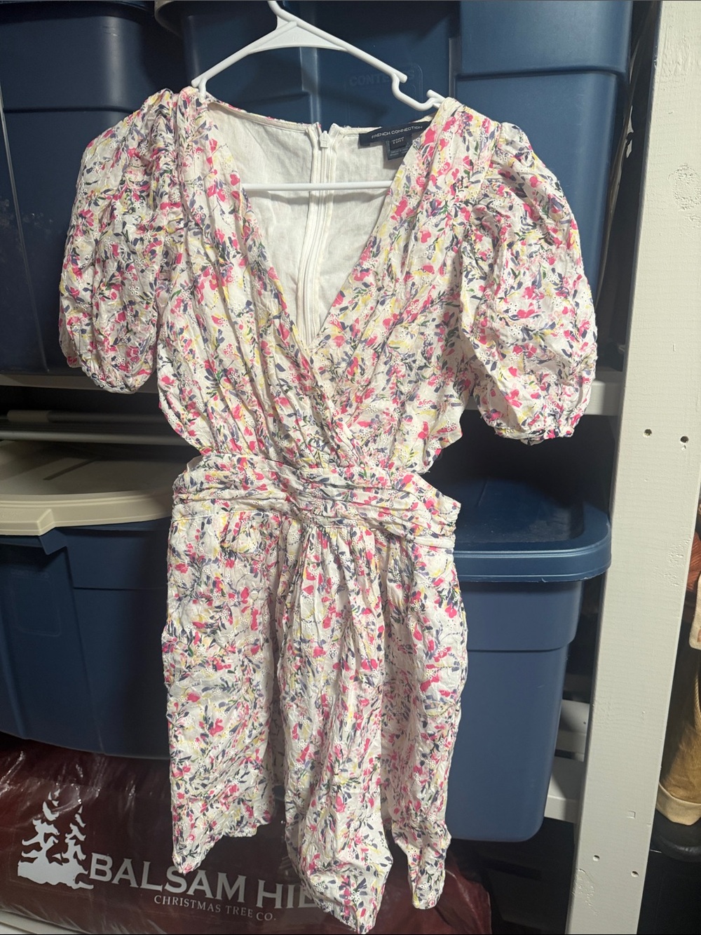 French Connection White Floral Wrap Mini Dress with Pink Accents